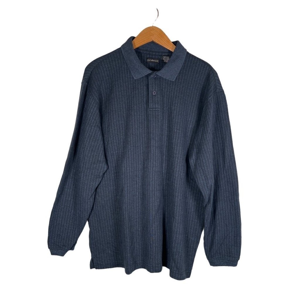 George Mens Size L Navy Henley Collared Polo Pullover Top Rib Knit Long Sleeve